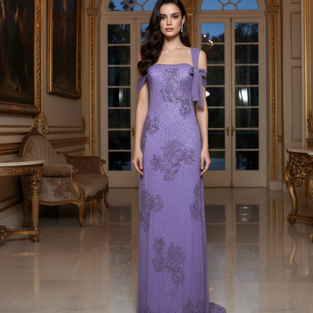 Lavender hand beaded Evening Gown -on power mesh stretch fabric very elegant‎